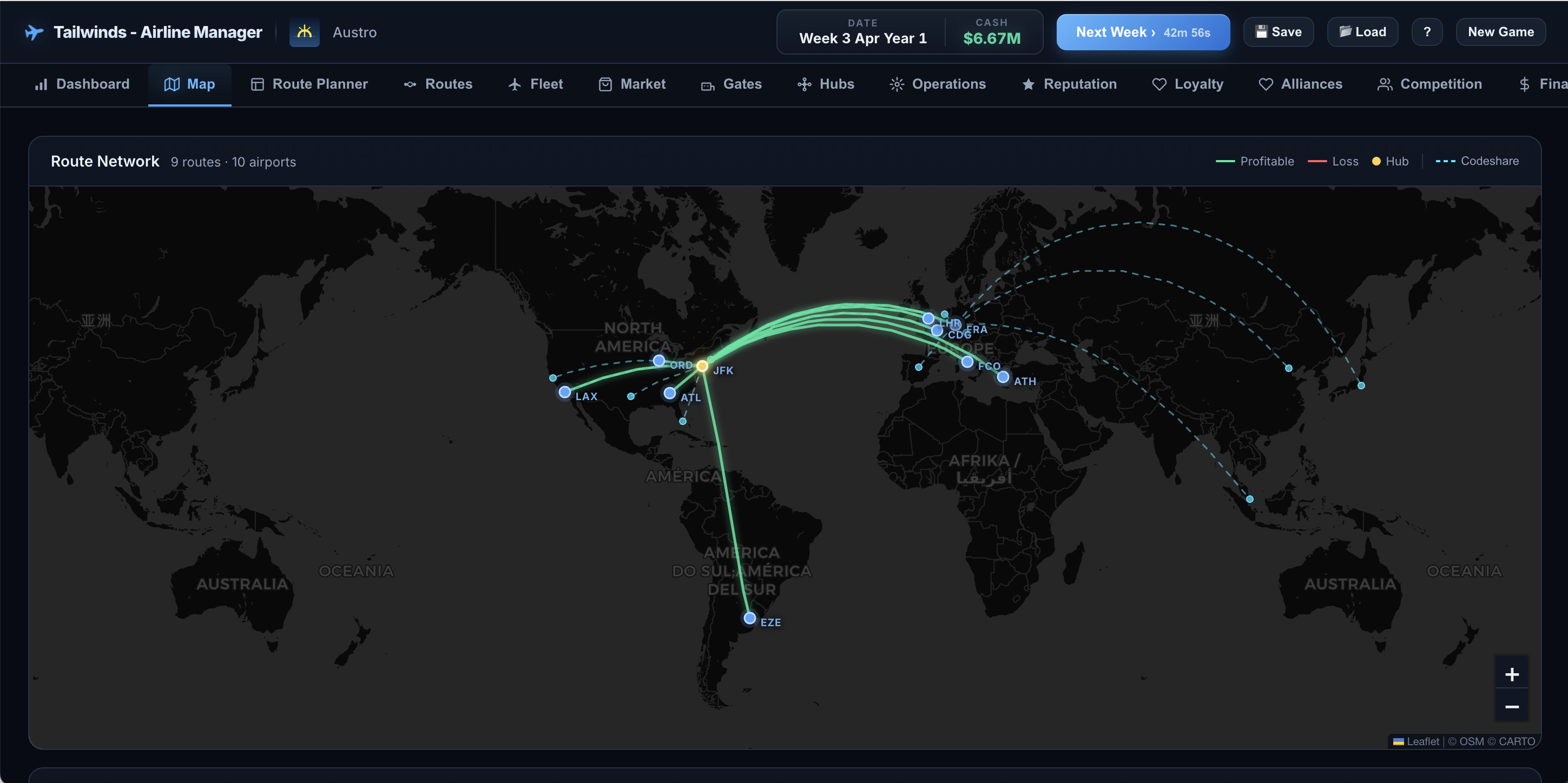 Tailwinds gameplay — route map and airline dashboard